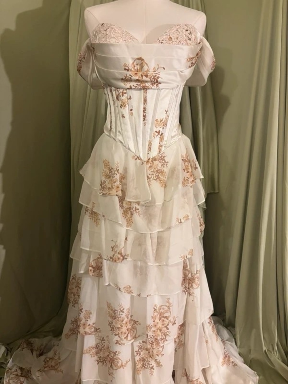 Off-Shoulder Tiered Floral Maxi Dress in Cream and Blush